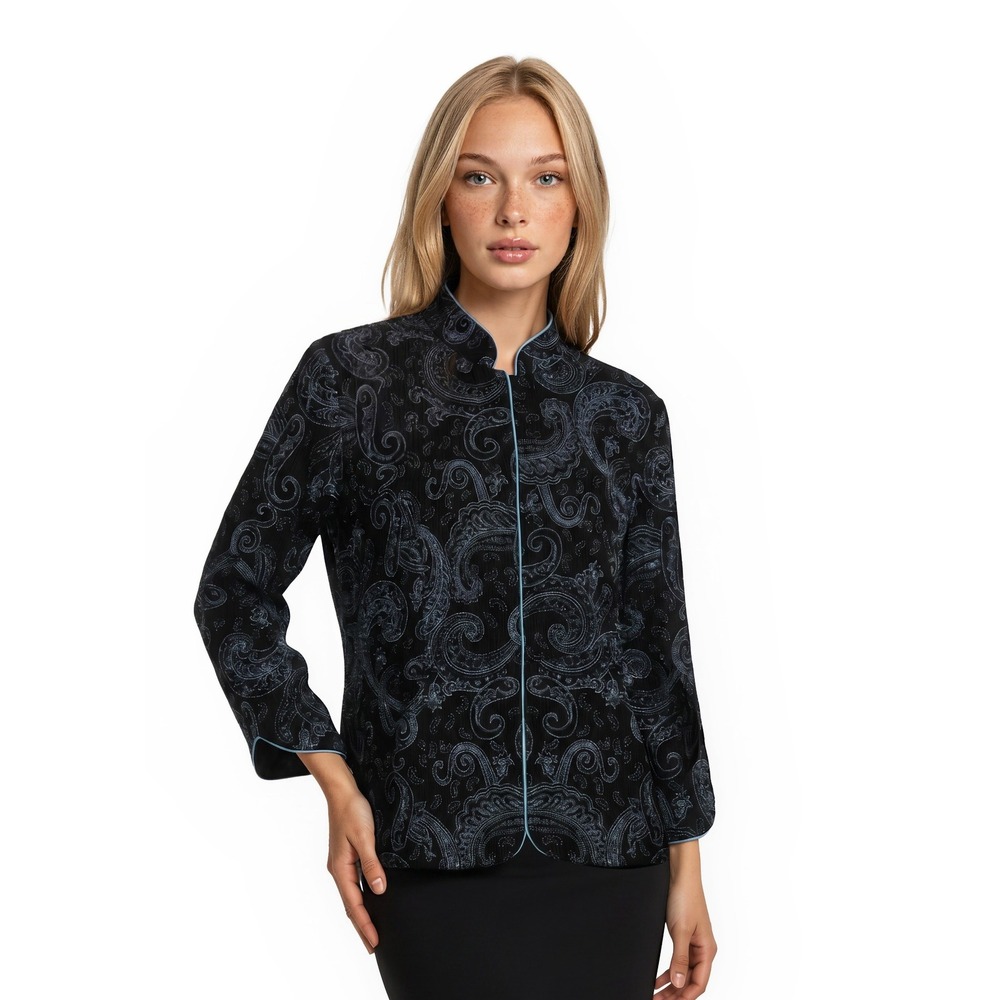 Alex‎ Evenings Jacket Women's Size 1X Black Silver Paisley Glitter Blazer Blouse